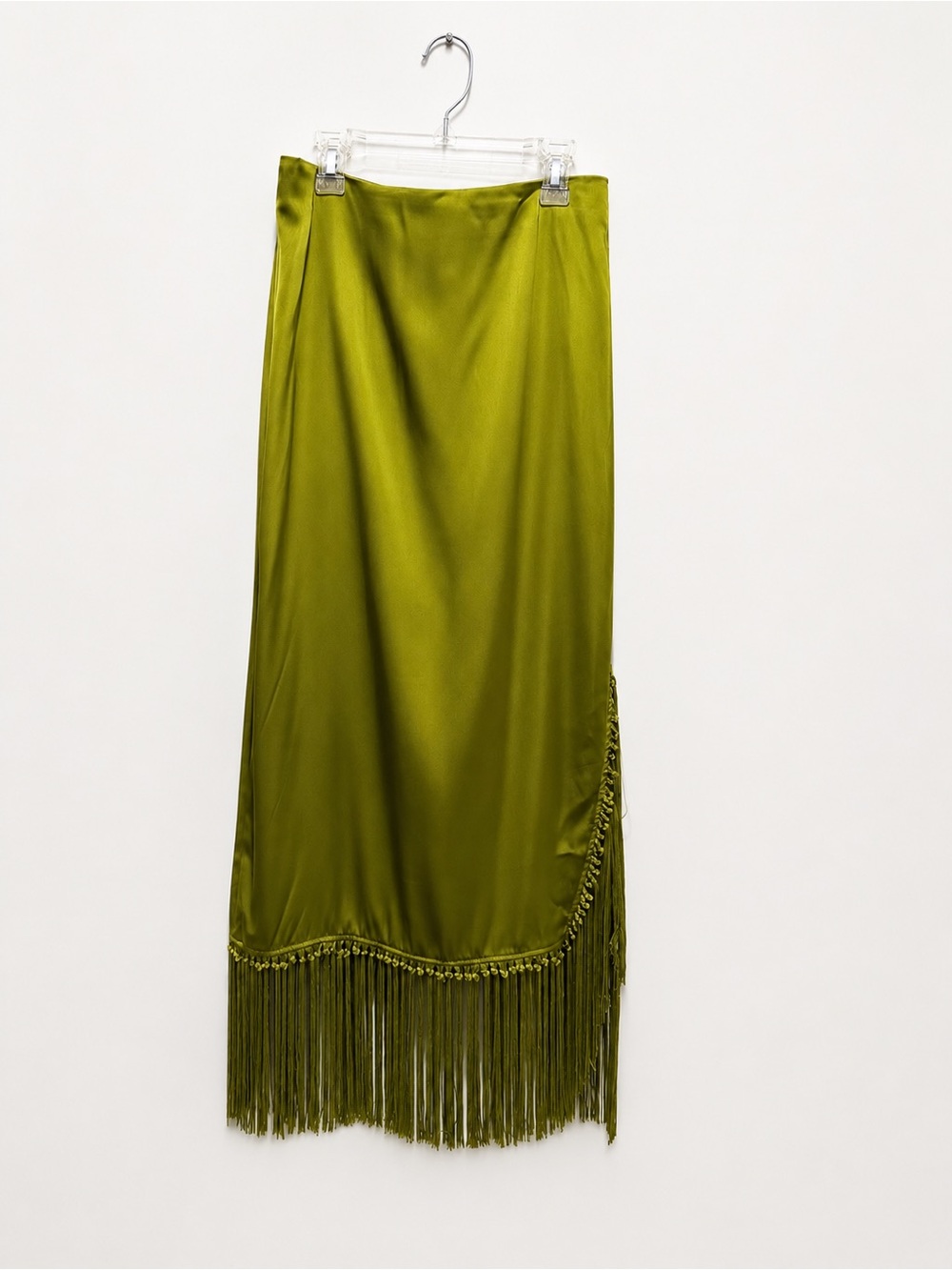Rachel Zoe Lime Green Satin Fringe Midi Skirt Size S